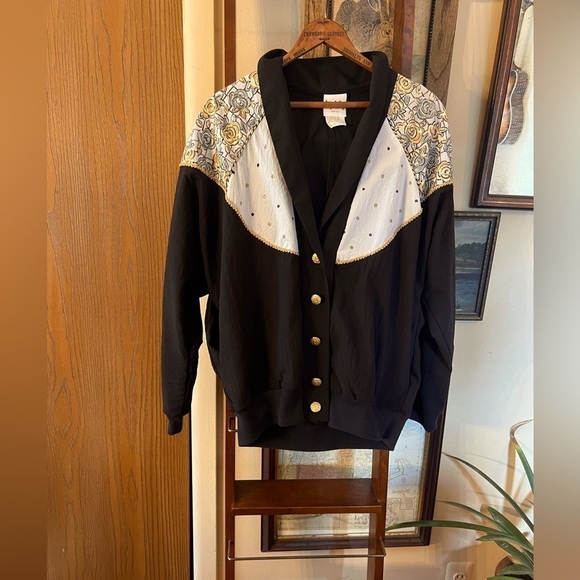 Vintage Teddi Sport Black with Gold Silver Floral Pattern Bomber Jacket Size PL - Picture 1 of 7